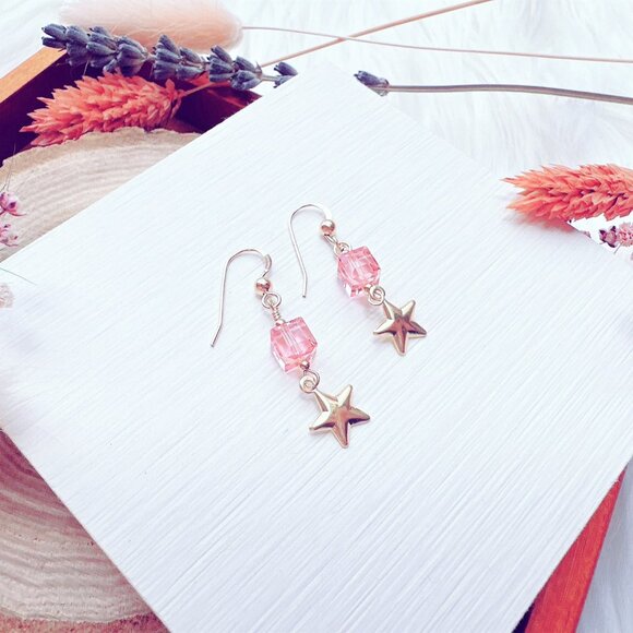 Crystal Cube and Star Charm Earrings | Handmade in BC - Picture 1 of 7